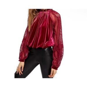 Free People Dream Team Red Velvet Lace Top Sz Large in raspberry Romantic